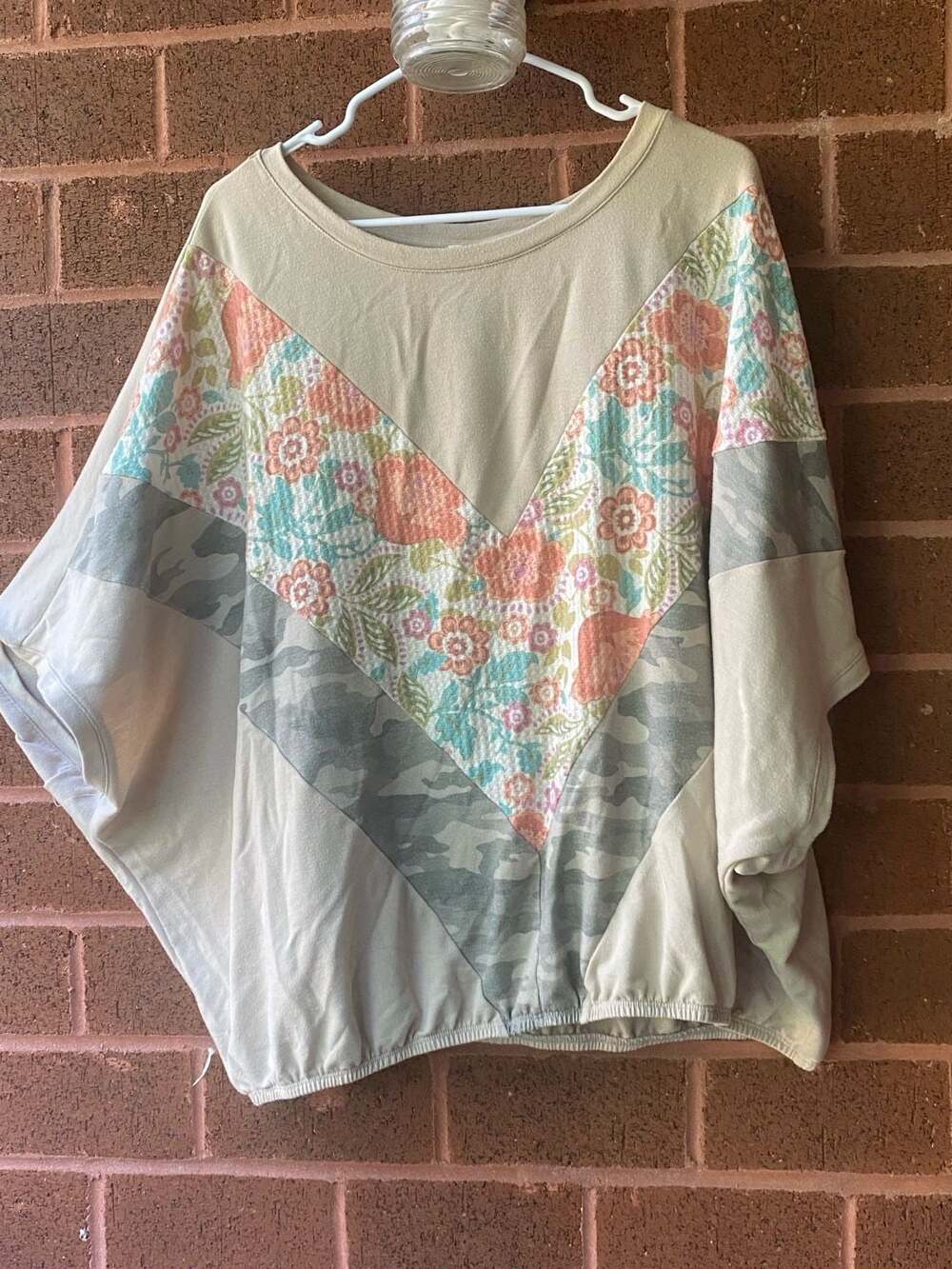 Cato Floral and Camouflage Patchwork Waffle Knit Dolman Top
